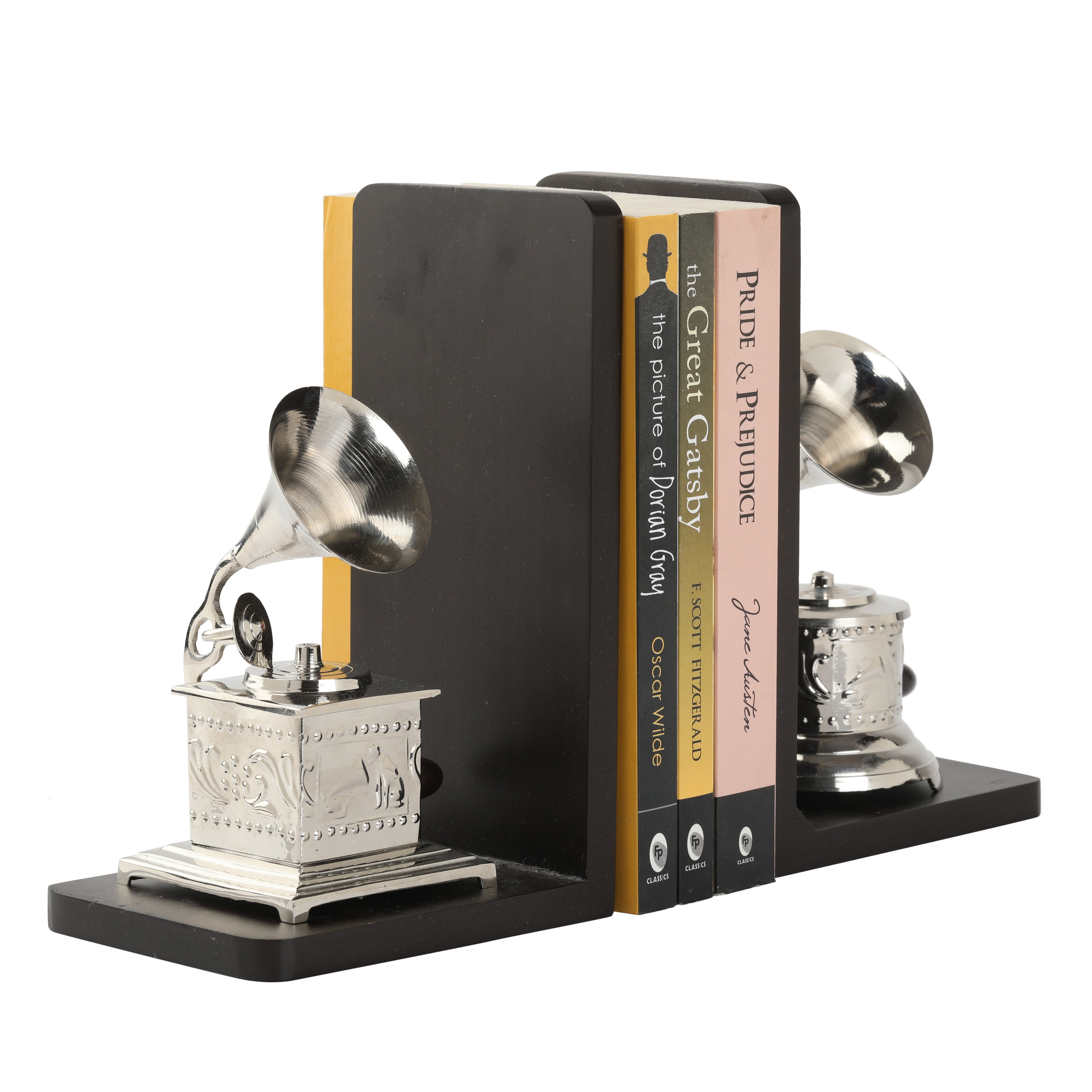 Bookend Gramophone Showpiece - Handcrafted Retro Style Classic Vintage - Chrome Finish Decor Anitque
