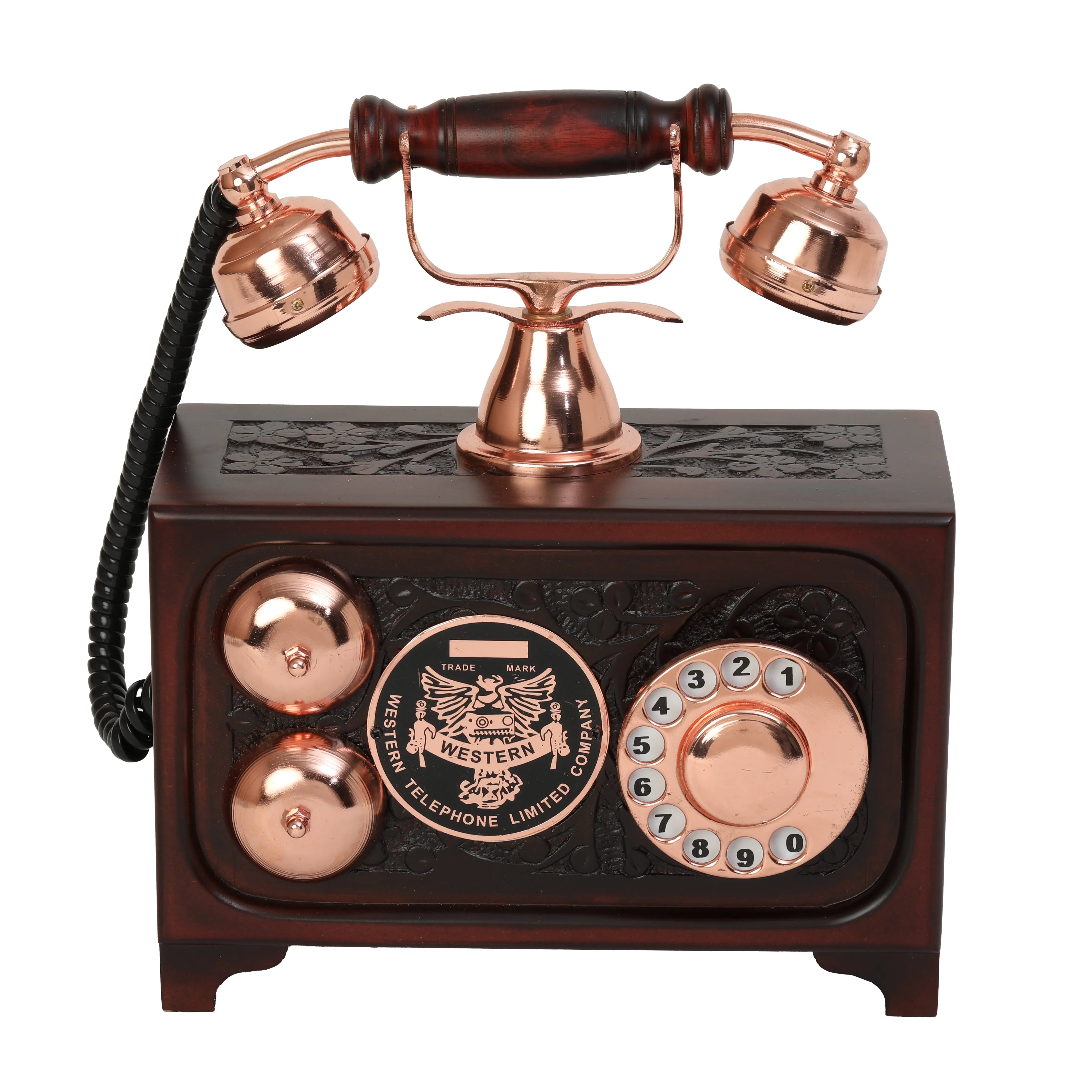 Decorative Rotary Dial Antique Telephone - Brass and Wood Replica - Copper Finish Decor Anitque
