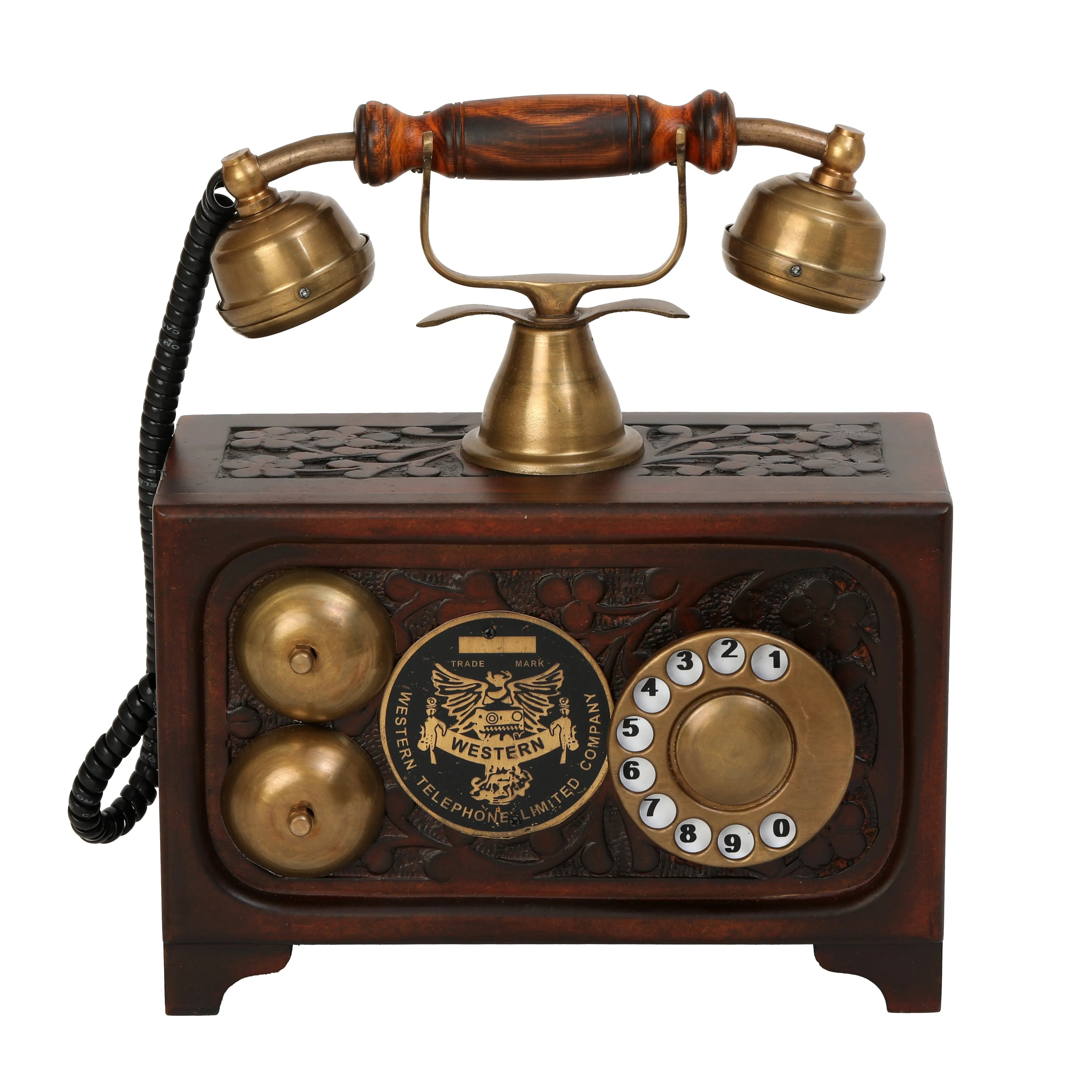 Decorative Non-Functional Antique Telephone - Brass and Wood Replica - Antique Finish Decor Anitque