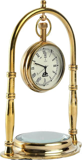 Vintage Shinny Brass Table Decorative Clock With Compass Decor Anitque